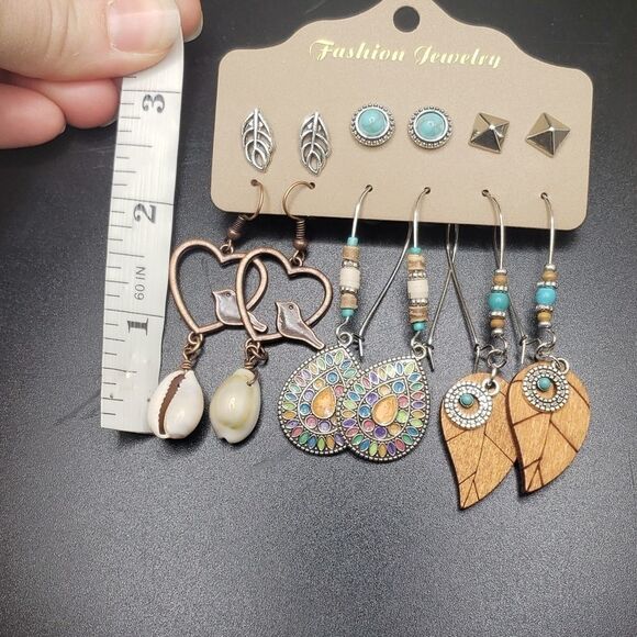 Bohemian earrings heart pookah seashell turquoise dove leaf - Picture 3 of 5